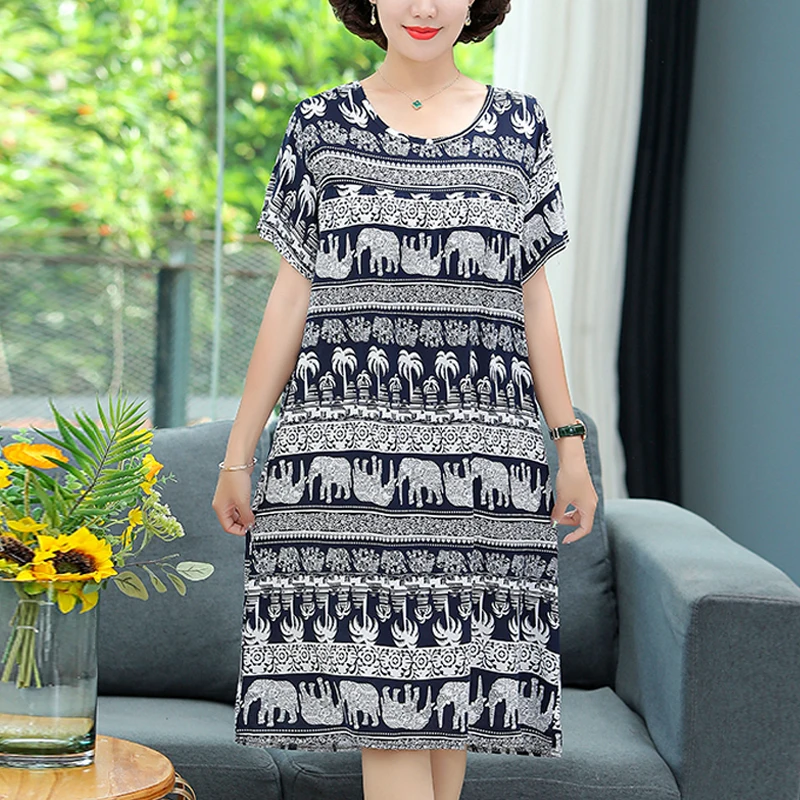 New 2026 Casual Vintage Summer Dress For Women Print Flowers Short Sleeve O-neck Dresses printing Ladies Party Dress
