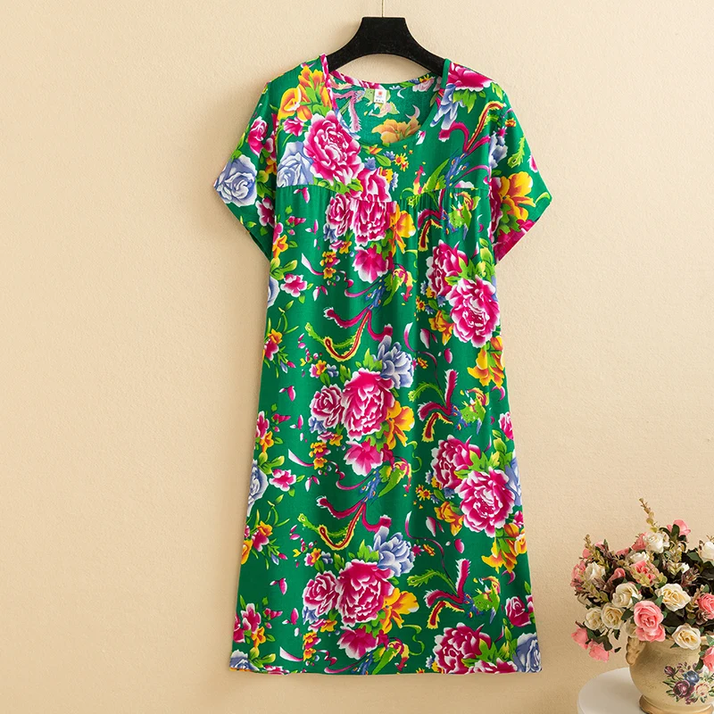 New 2026 Casual Vintage Summer Dress For Women Print Flowers Short Sleeve O-neck Dresses printing Ladies Party Dress
