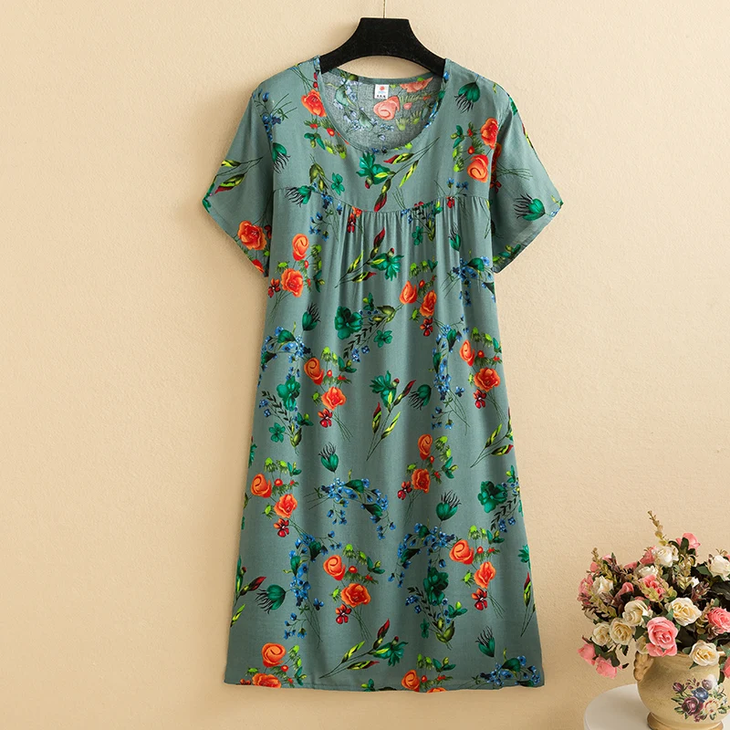 New 2026 Casual Vintage Summer Dress For Women Print Flowers Short Sleeve O-neck Dresses printing Ladies Party Dress