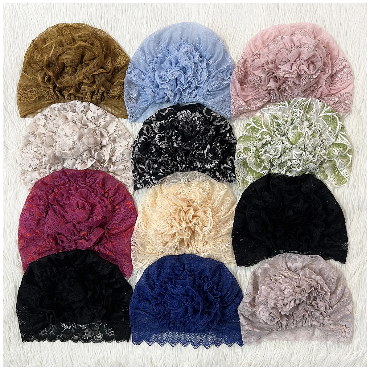 Elastic Design Lace Hollow Out Flannel Hat Women's Cap Forehead Cross Muslim Base Scarf Indian National Style Pearl Headdress