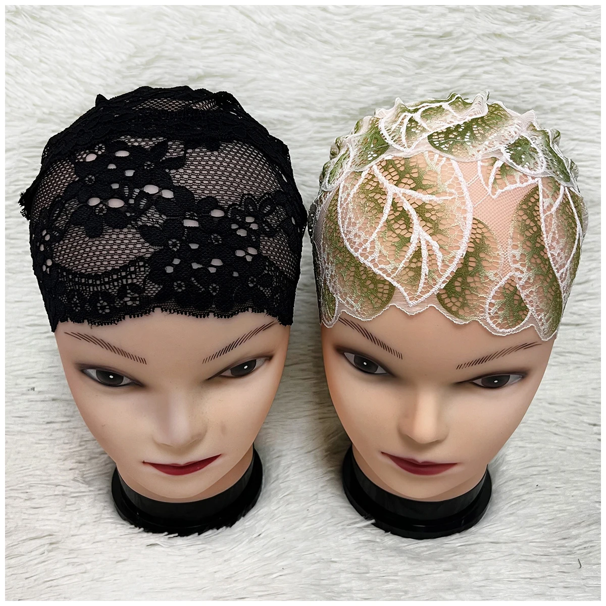 Elastic Design Lace Hollow Out Flannel Hat Women's Cap Forehead Cross Muslim Base Scarf Indian National Style Pearl Headdress