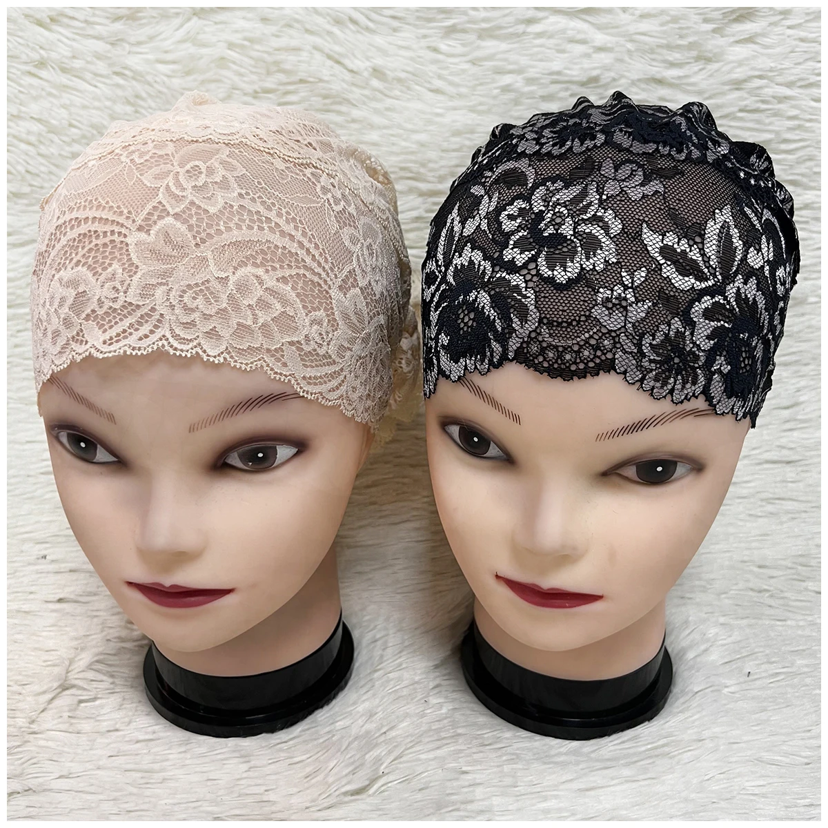 Elastic Design Lace Hollow Out Flannel Hat Women's Cap Forehead Cross Muslim Base Scarf Indian National Style Pearl Headdress