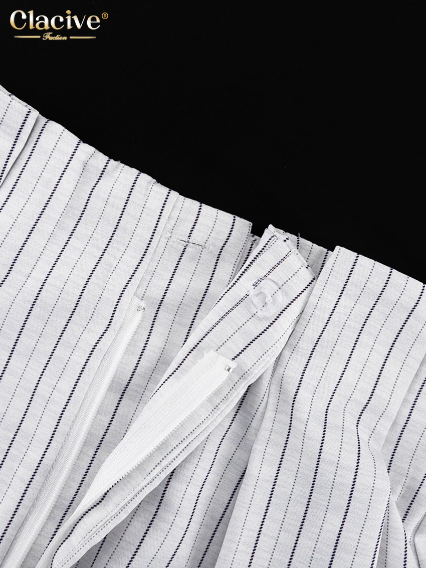 Clacive Fashion Stripe Print 2 Piece Sets Women Elegant Slim Long Sleeve Irregular Top With High Waist Shorts Set Streetwear