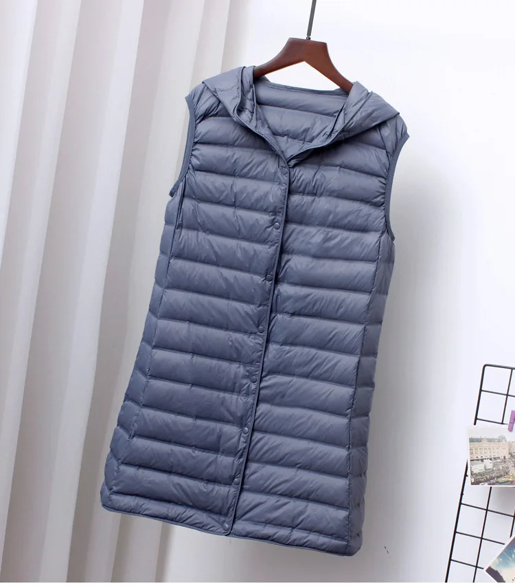 Schinteon Women Ultra Light Down Long Vest with Hood Casual Slim Waistcoat 90% White Duck Down Gilet New 2024 Fashion Hot Sale