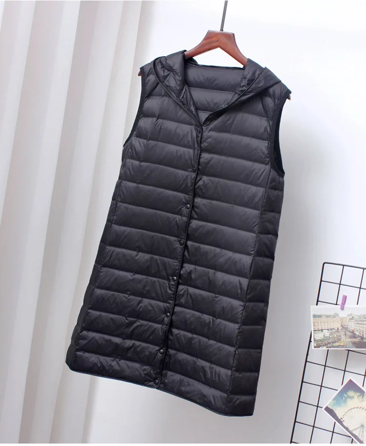 Schinteon Women Ultra Light Down Long Vest with Hood Casual Slim Waistcoat 90% White Duck Down Gilet New 2024 Fashion Hot Sale