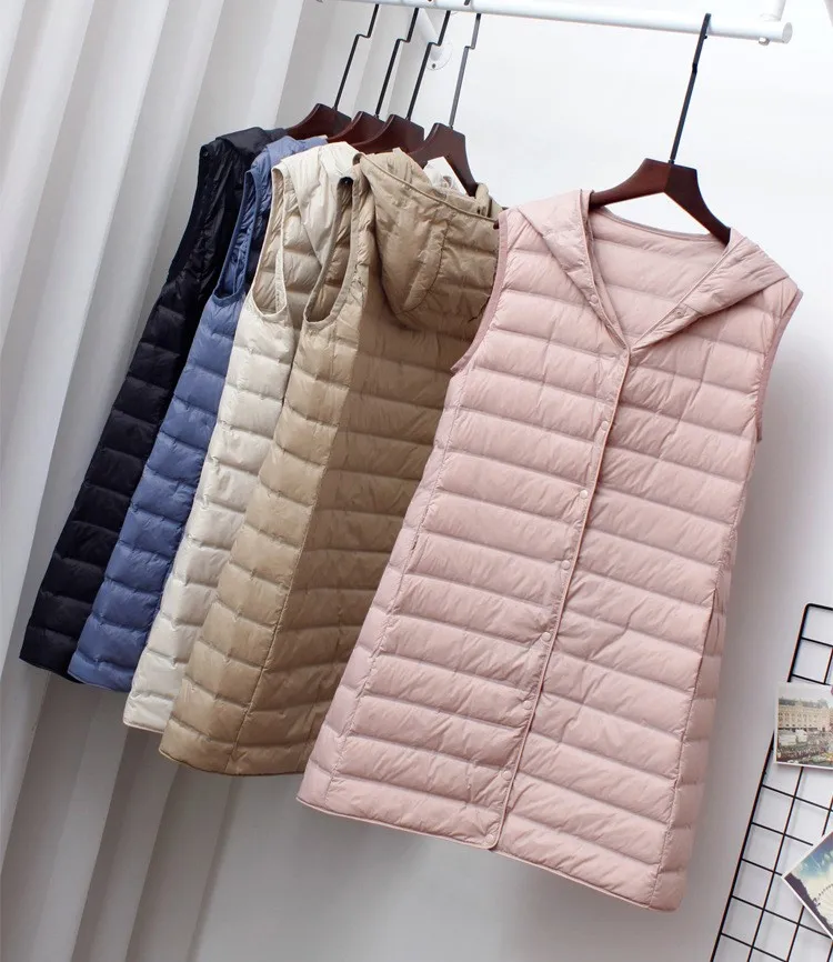 Schinteon Women Ultra Light Down Long Vest with Hood Casual Slim Waistcoat 90% White Duck Down Gilet New 2024 Fashion Hot Sale