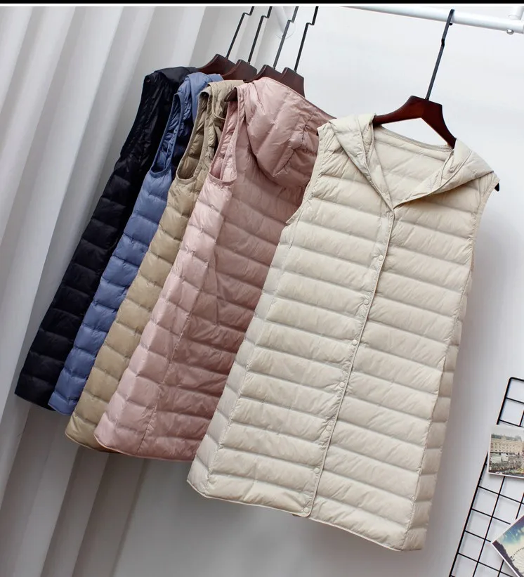 Schinteon Women Ultra Light Down Long Vest with Hood Casual Slim Waistcoat 90% White Duck Down Gilet New 2024 Fashion Hot Sale