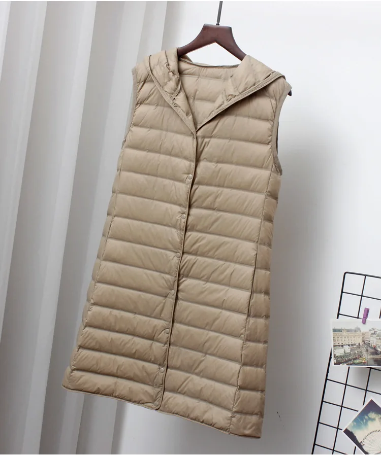 Schinteon Women Ultra Light Down Long Vest with Hood Casual Slim Waistcoat 90% White Duck Down Gilet New 2024 Fashion Hot Sale