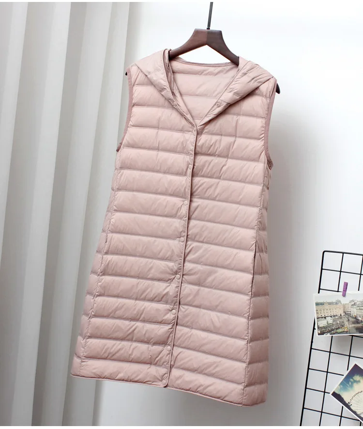 Schinteon Women Ultra Light Down Long Vest with Hood Casual Slim Waistcoat 90% White Duck Down Gilet New 2024 Fashion Hot Sale