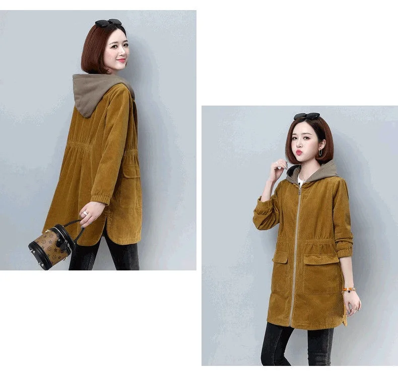 Corduroy lining Hooded Jacket Women 2025 Spring Autumn New Plus size Loose Windbreaker Casual Female Cotton Zipper Long Outwear