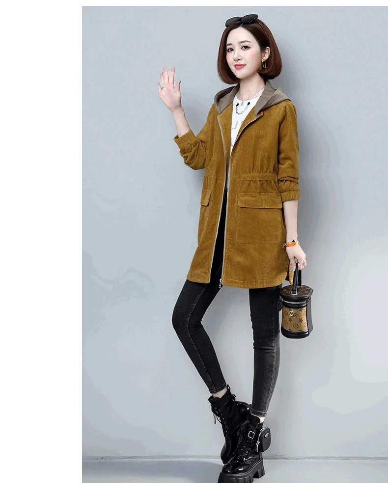 Corduroy lining Hooded Jacket Women 2025 Spring Autumn New Plus size Loose Windbreaker Casual Female Cotton Zipper Long Outwear