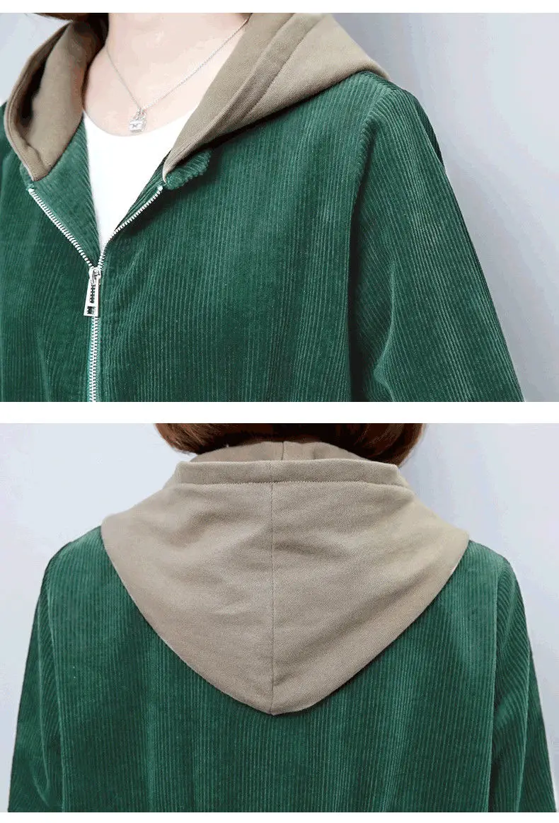 Corduroy lining Hooded Jacket Women 2025 Spring Autumn New Plus size Loose Windbreaker Casual Female Cotton Zipper Long Outwear