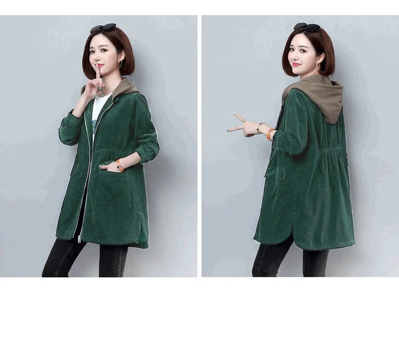 Corduroy lining Hooded Jacket Women 2025 Spring Autumn New Plus size Loose Windbreaker Casual Female Cotton Zipper Long Outwear