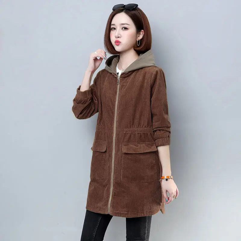 Corduroy lining Hooded Jacket Women 2025 Spring Autumn New Plus size Loose Windbreaker Casual Female Cotton Zipper Long Outwear