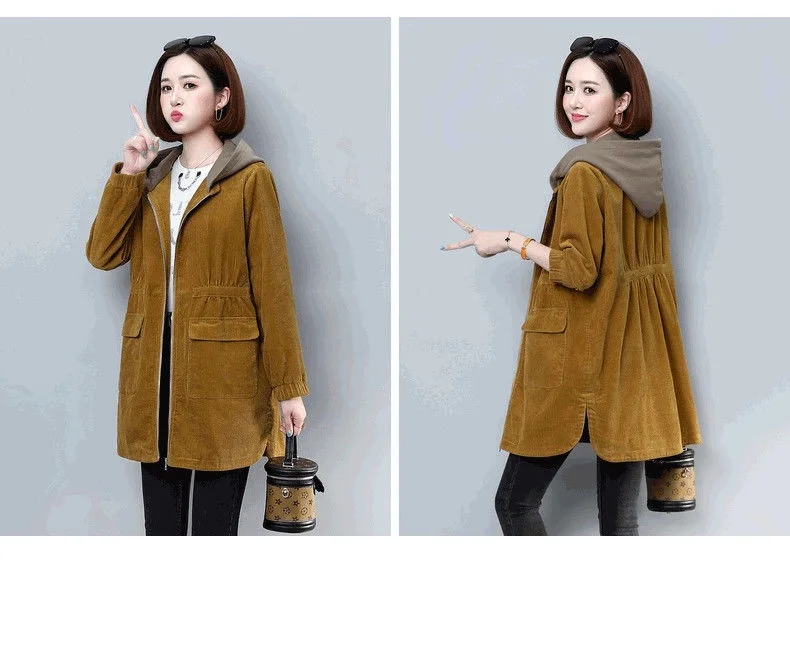 Corduroy lining Hooded Jacket Women 2025 Spring Autumn New Plus size Loose Windbreaker Casual Female Cotton Zipper Long Outwear