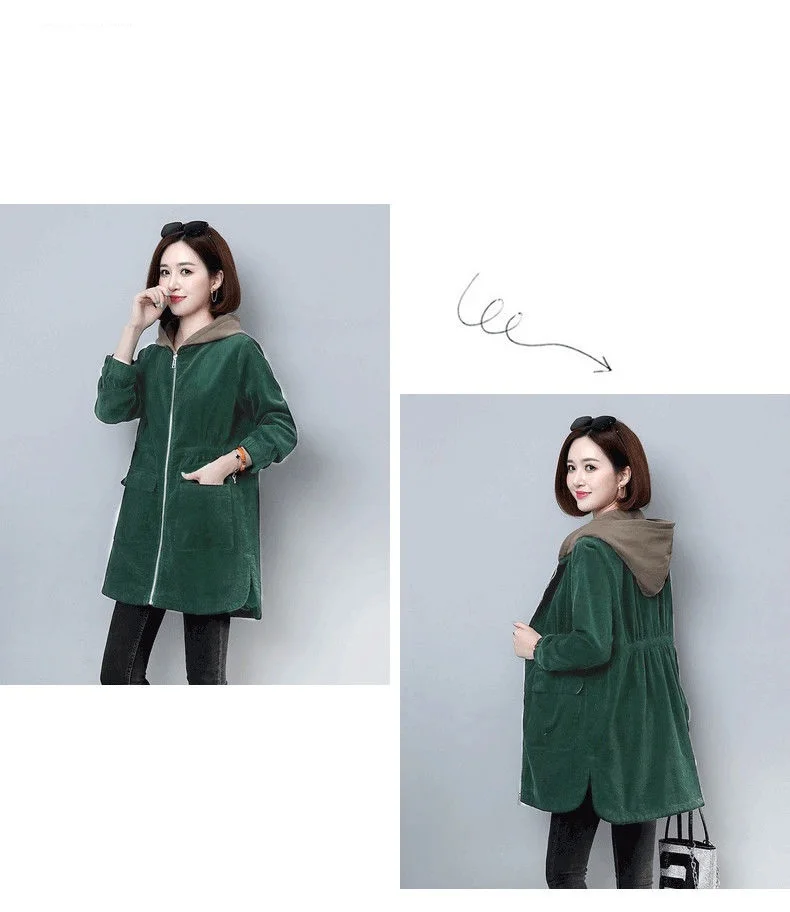 Corduroy lining Hooded Jacket Women 2025 Spring Autumn New Plus size Loose Windbreaker Casual Female Cotton Zipper Long Outwear