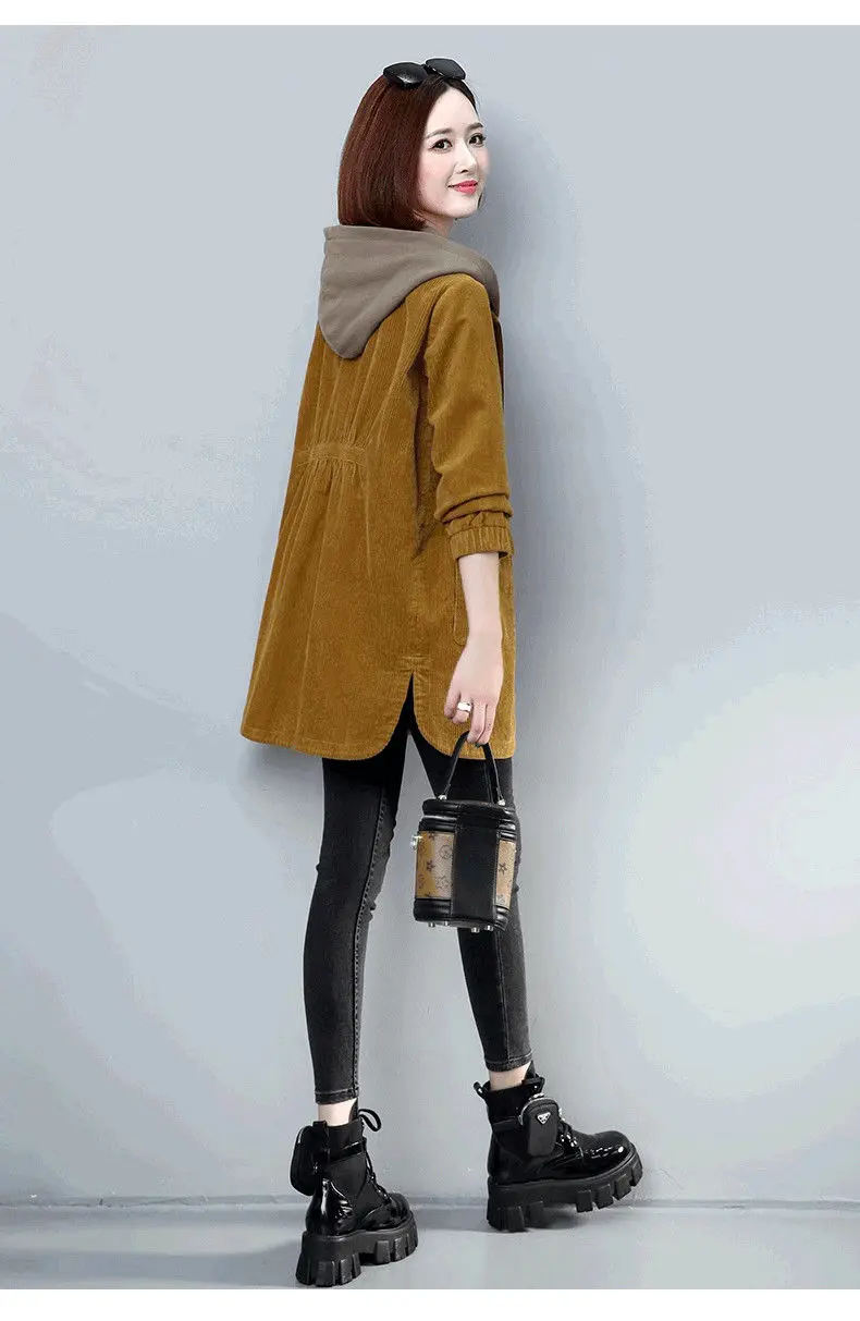 Corduroy lining Hooded Jacket Women 2025 Spring Autumn New Plus size Loose Windbreaker Casual Female Cotton Zipper Long Outwear