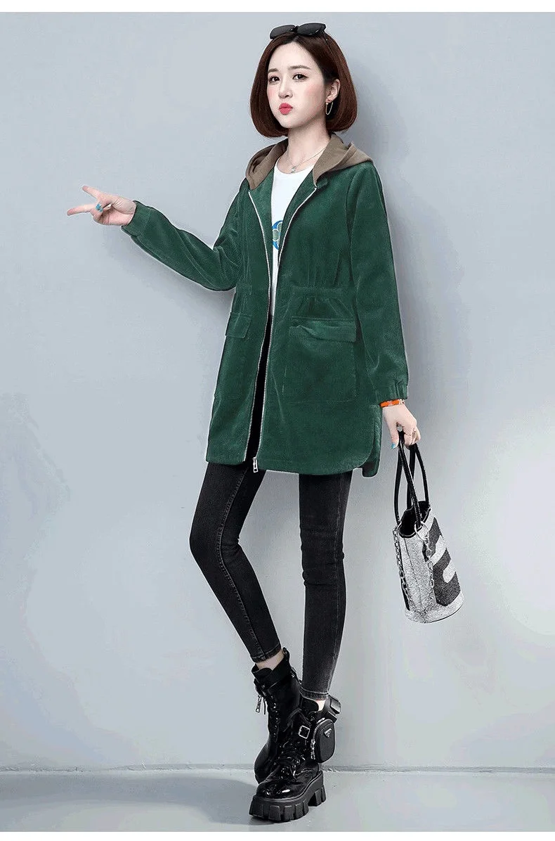 Corduroy lining Hooded Jacket Women 2025 Spring Autumn New Plus size Loose Windbreaker Casual Female Cotton Zipper Long Outwear