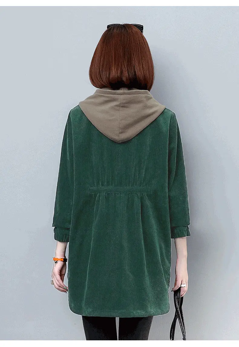 Corduroy lining Hooded Jacket Women 2025 Spring Autumn New Plus size Loose Windbreaker Casual Female Cotton Zipper Long Outwear