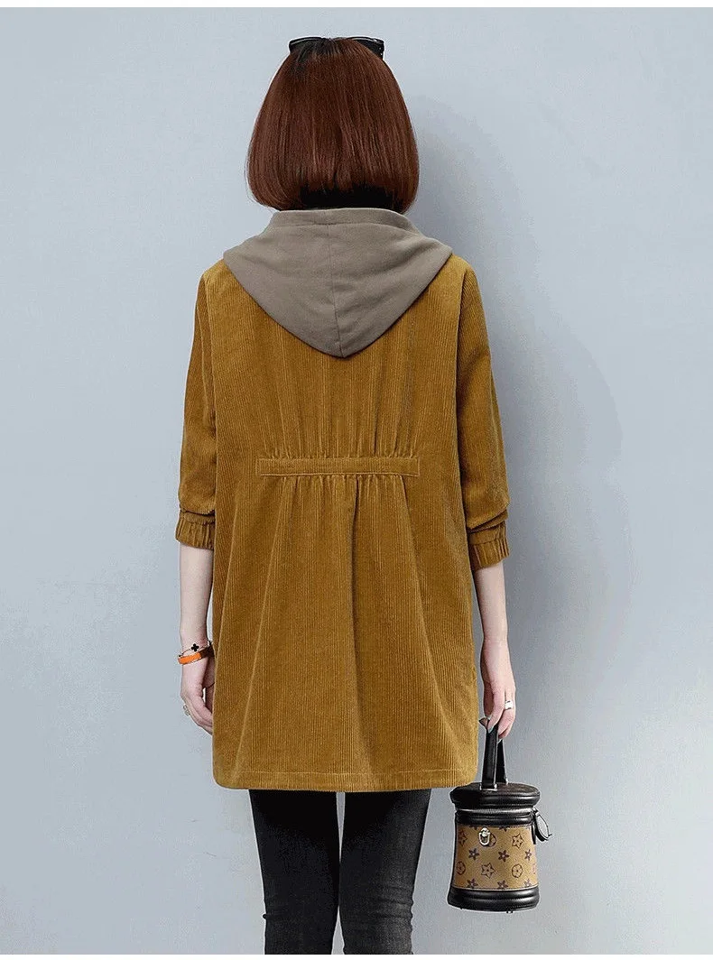 Corduroy lining Hooded Jacket Women 2025 Spring Autumn New Plus size Loose Windbreaker Casual Female Cotton Zipper Long Outwear