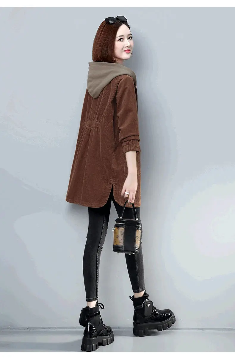 Corduroy lining Hooded Jacket Women 2025 Spring Autumn New Plus size Loose Windbreaker Casual Female Cotton Zipper Long Outwear