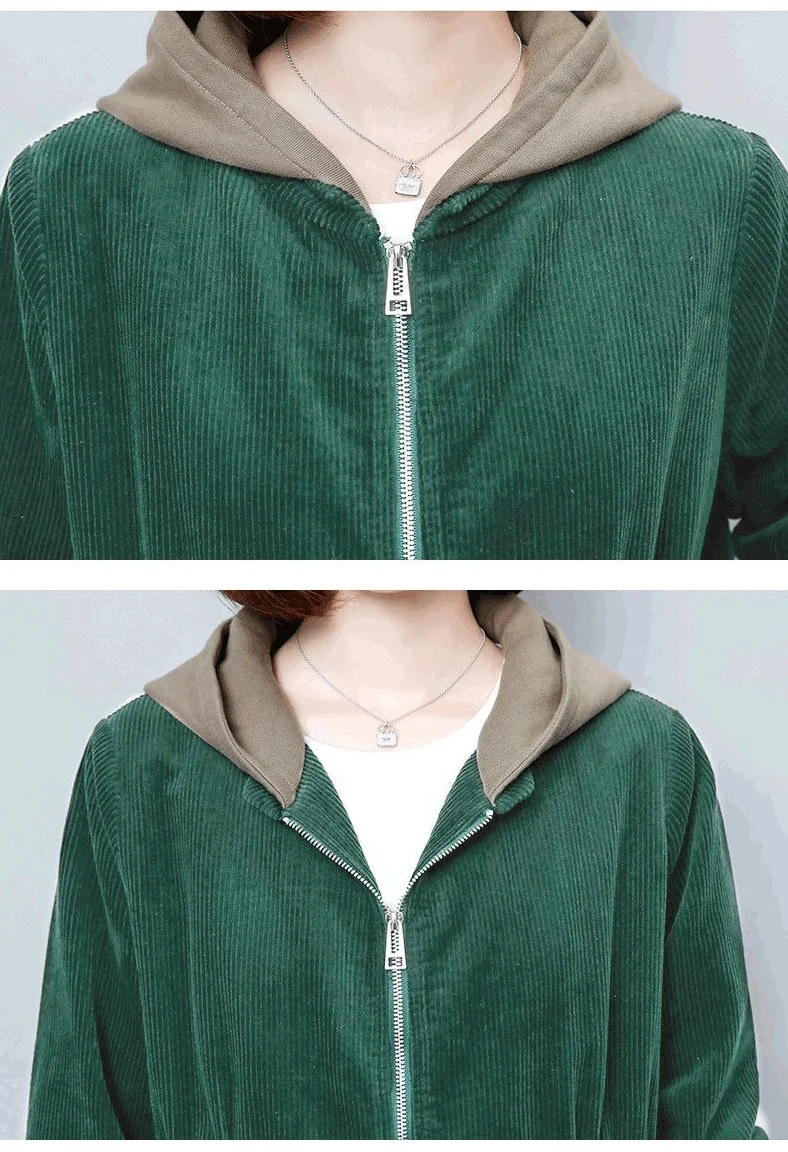 Corduroy lining Hooded Jacket Women 2025 Spring Autumn New Plus size Loose Windbreaker Casual Female Cotton Zipper Long Outwear