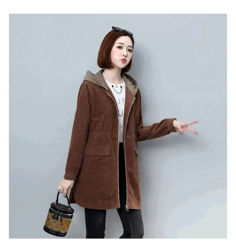 Corduroy lining Hooded Jacket Women 2025 Spring Autumn New Plus size Loose Windbreaker Casual Female Cotton Zipper Long Outwear
