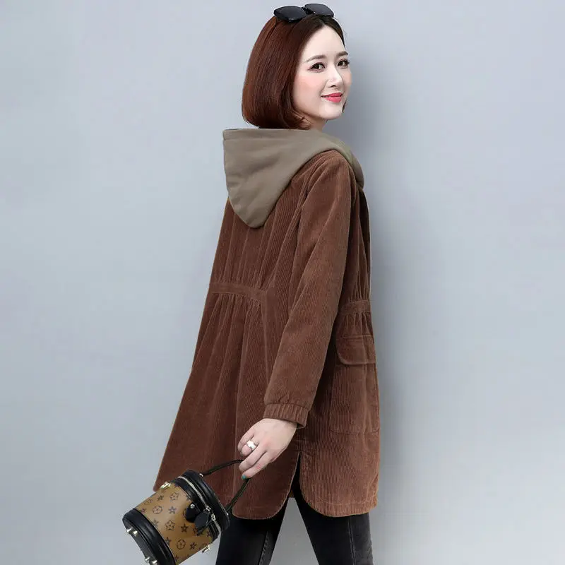 Corduroy lining Hooded Jacket Women 2025 Spring Autumn New Plus size Loose Windbreaker Casual Female Cotton Zipper Long Outwear