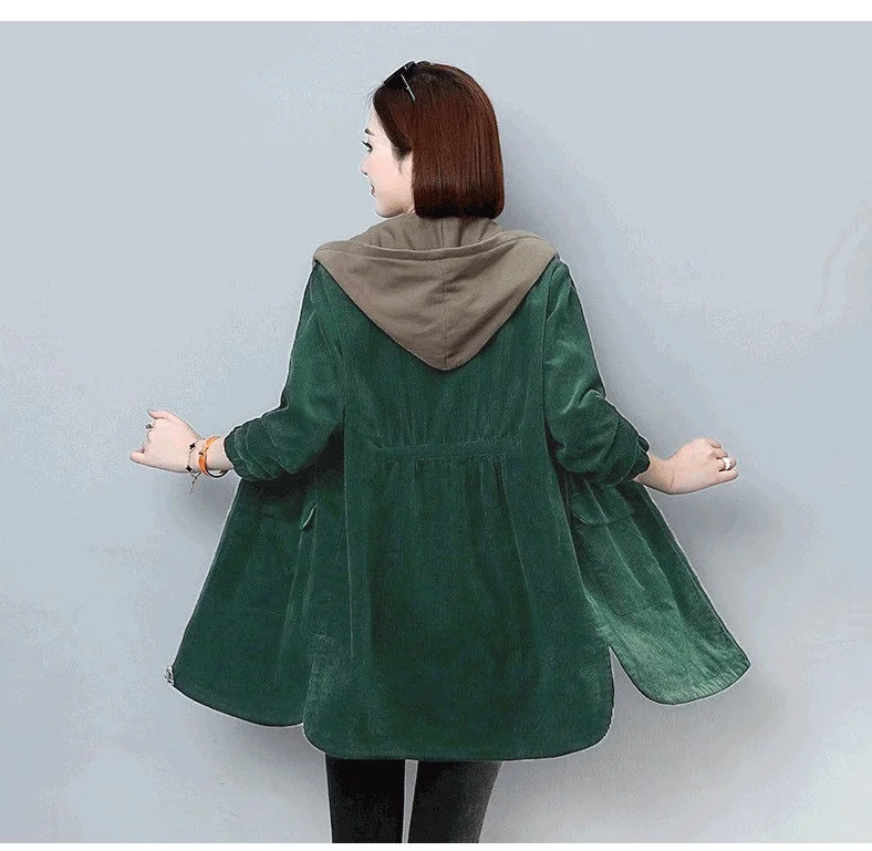 Corduroy lining Hooded Jacket Women 2025 Spring Autumn New Plus size Loose Windbreaker Casual Female Cotton Zipper Long Outwear