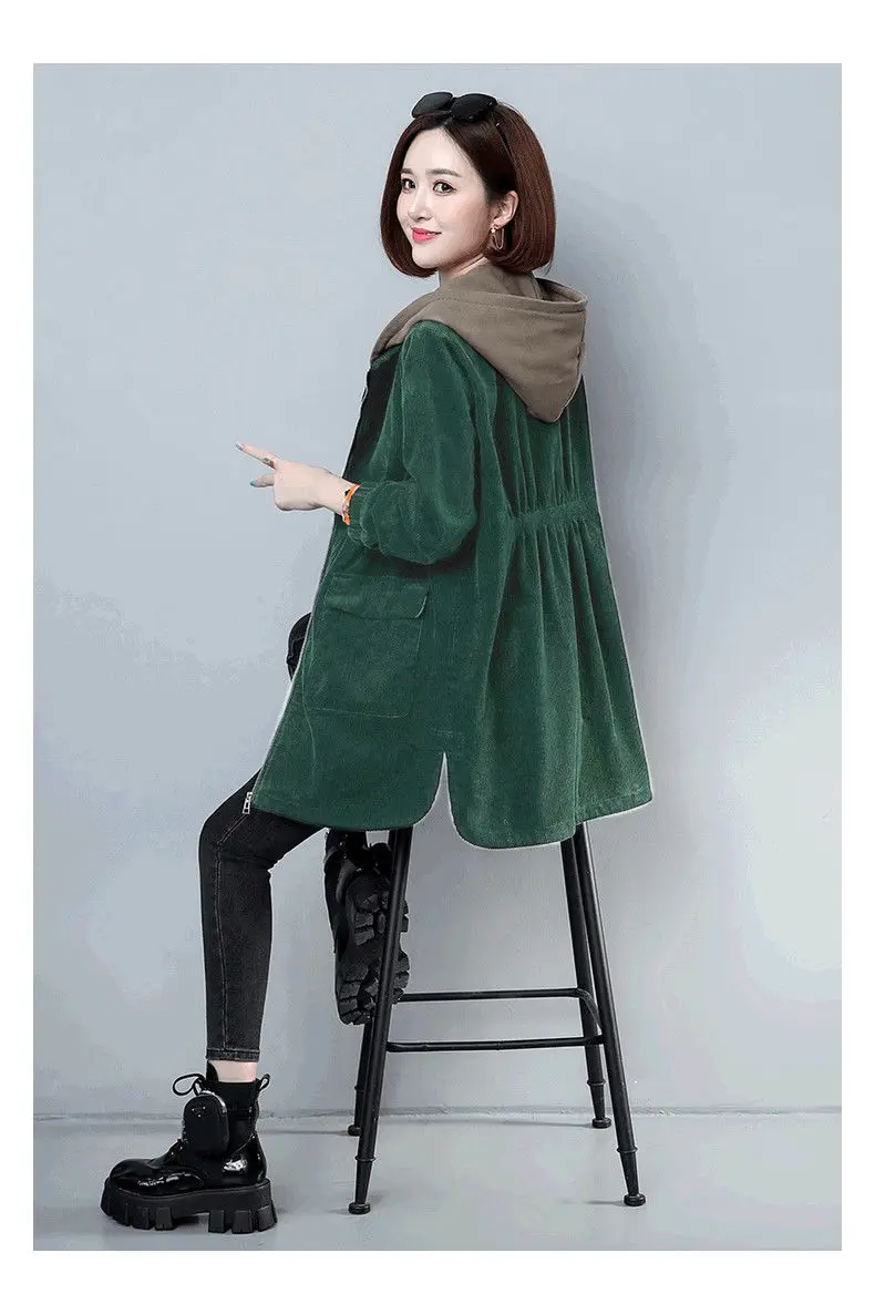 Corduroy lining Hooded Jacket Women 2025 Spring Autumn New Plus size Loose Windbreaker Casual Female Cotton Zipper Long Outwear