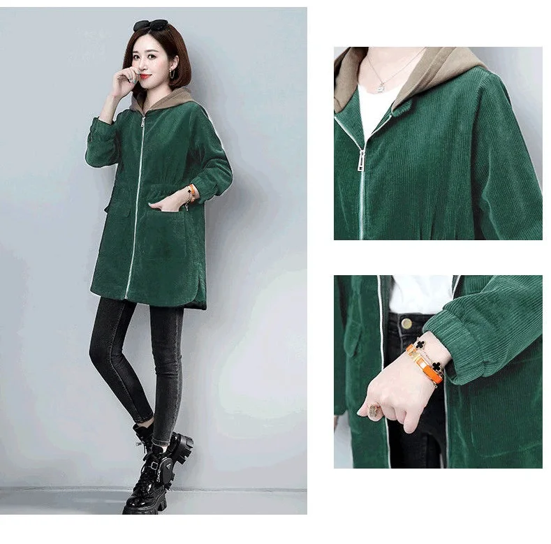 Corduroy lining Hooded Jacket Women 2025 Spring Autumn New Plus size Loose Windbreaker Casual Female Cotton Zipper Long Outwear