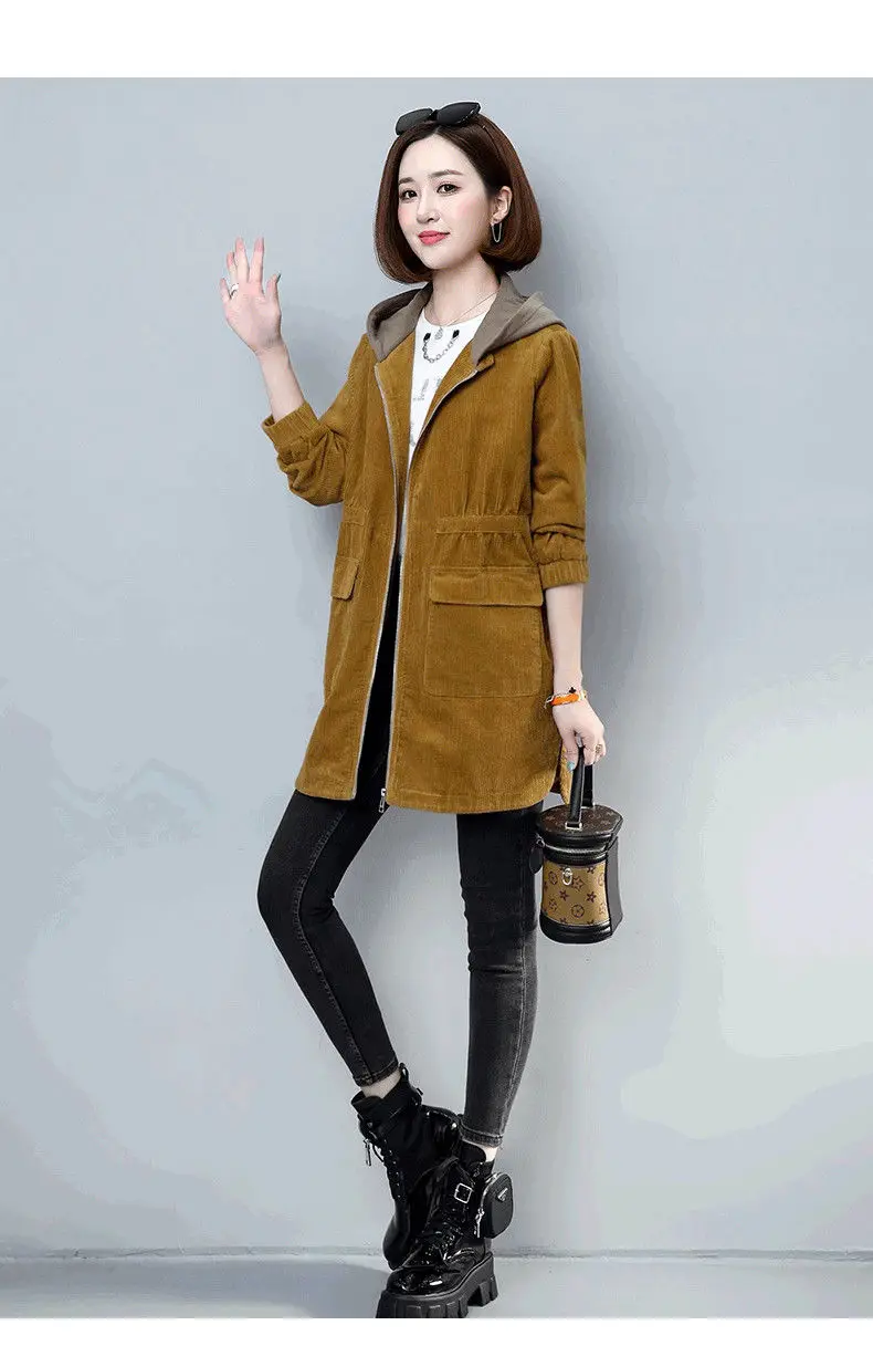Corduroy lining Hooded Jacket Women 2025 Spring Autumn New Plus size Loose Windbreaker Casual Female Cotton Zipper Long Outwear