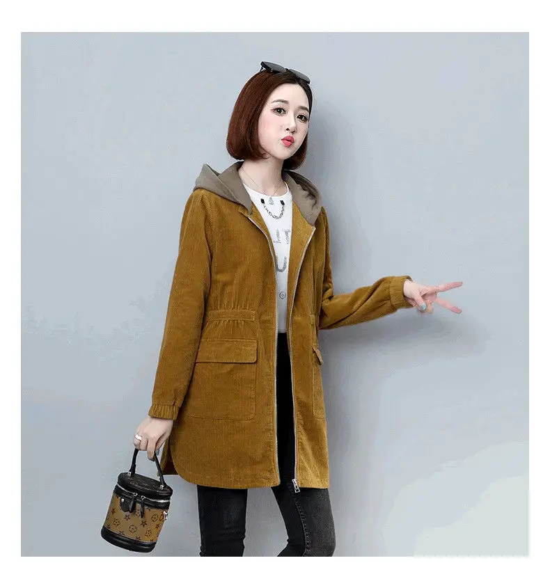 Corduroy lining Hooded Jacket Women 2025 Spring Autumn New Plus size Loose Windbreaker Casual Female Cotton Zipper Long Outwear