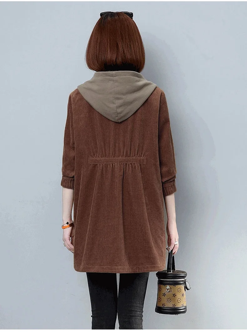 Corduroy lining Hooded Jacket Women 2025 Spring Autumn New Plus size Loose Windbreaker Casual Female Cotton Zipper Long Outwear