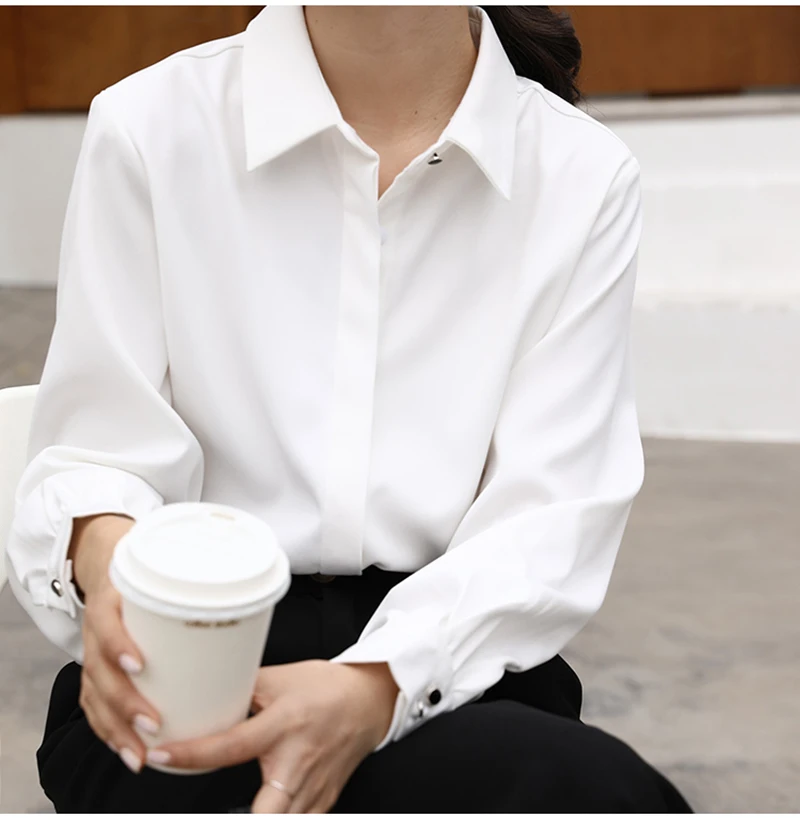CJFHJE OL Style Formal Women Shirts White Turn-Down Collar Tops Elegant Workwear Female Blouse Single-Breasted Long Sleeve Shirt
