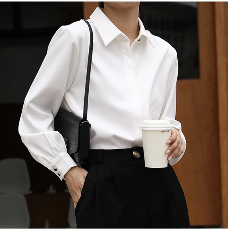 CJFHJE OL Style Formal Women Shirts White Turn-Down Collar Tops Elegant Workwear Female Blouse Single-Breasted Long Sleeve Shirt