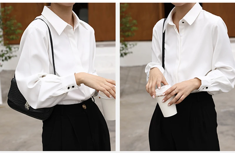 CJFHJE OL Style Formal Women Shirts White Turn-Down Collar Tops Elegant Workwear Female Blouse Single-Breasted Long Sleeve Shirt
