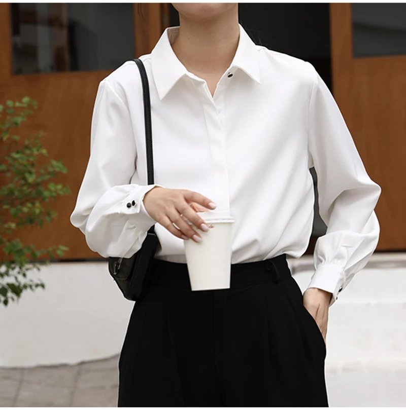 CJFHJE OL Style Formal Women Shirts White Turn-Down Collar Tops Elegant Workwear Female Blouse Single-Breasted Long Sleeve Shirt
