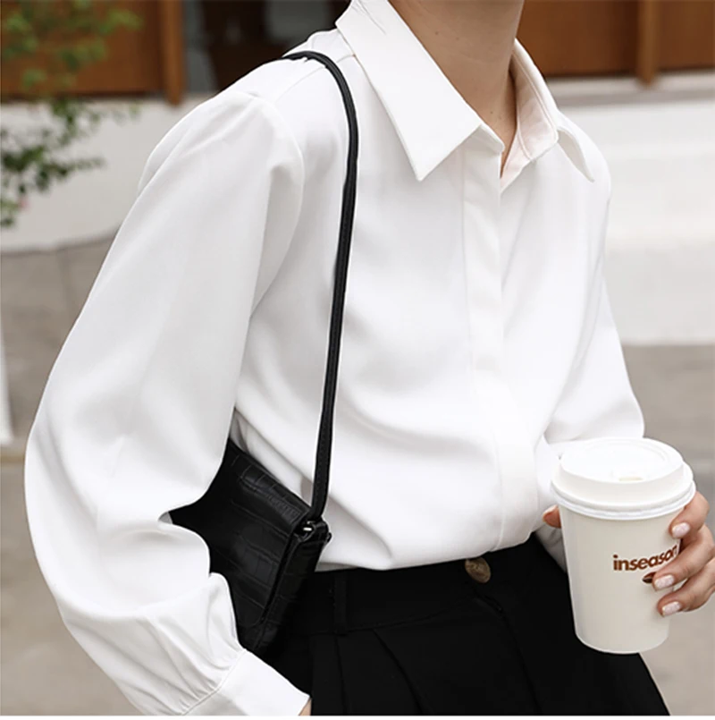 CJFHJE OL Style Formal Women Shirts White Turn-Down Collar Tops Elegant Workwear Female Blouse Single-Breasted Long Sleeve Shirt