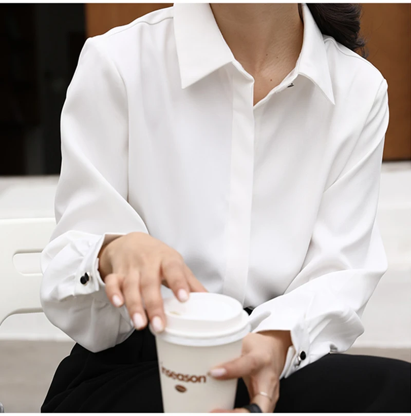 CJFHJE OL Style Formal Women Shirts White Turn-Down Collar Tops Elegant Workwear Female Blouse Single-Breasted Long Sleeve Shirt