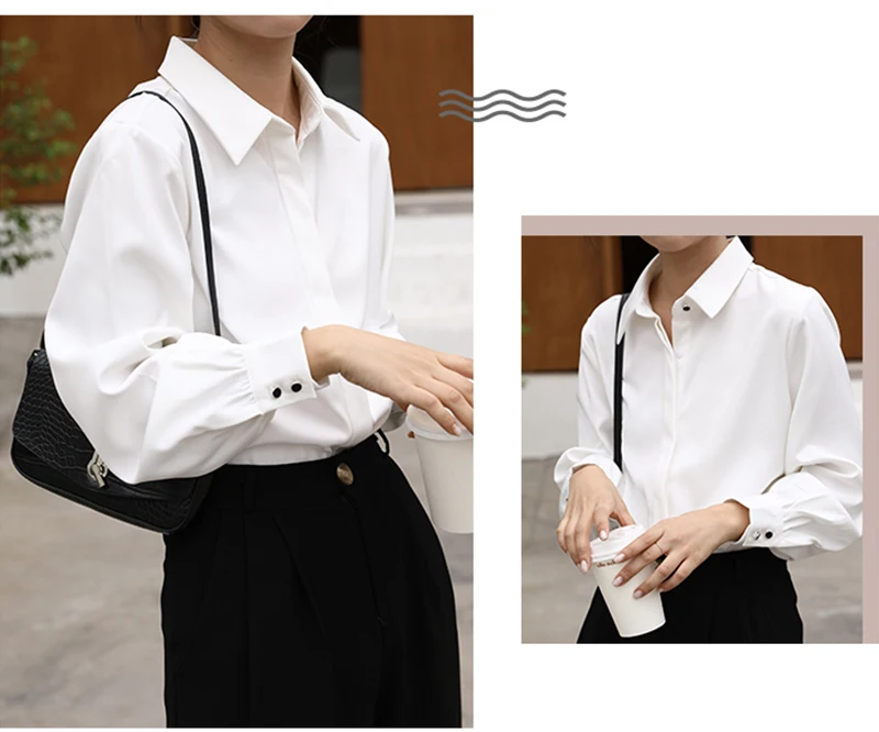 CJFHJE OL Style Formal Women Shirts White Turn-Down Collar Tops Elegant Workwear Female Blouse Single-Breasted Long Sleeve Shirt