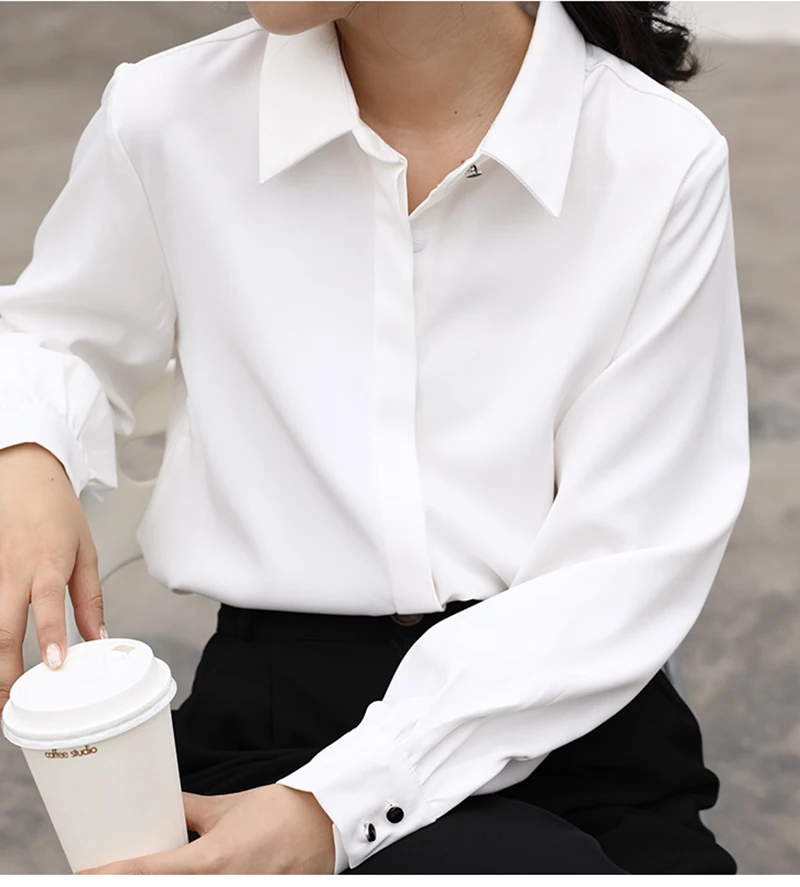 CJFHJE OL Style Formal Women Shirts White Turn-Down Collar Tops Elegant Workwear Female Blouse Single-Breasted Long Sleeve Shirt