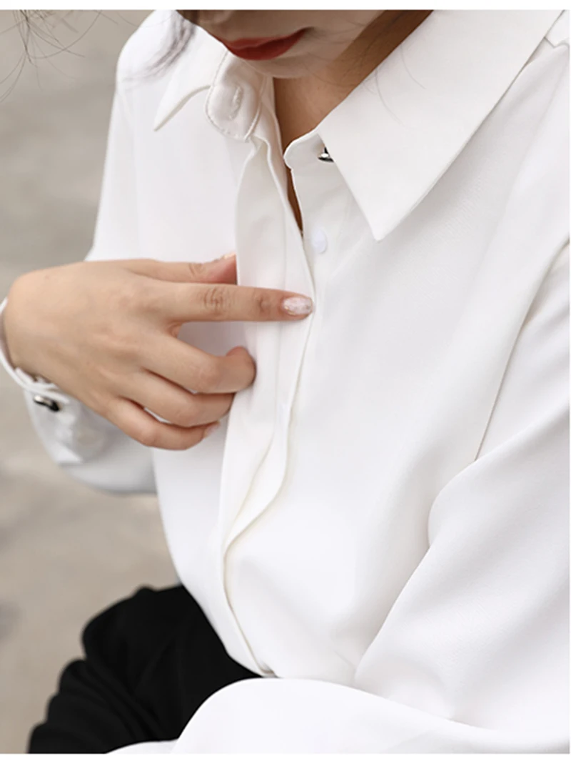 CJFHJE OL Style Formal Women Shirts White Turn-Down Collar Tops Elegant Workwear Female Blouse Single-Breasted Long Sleeve Shirt