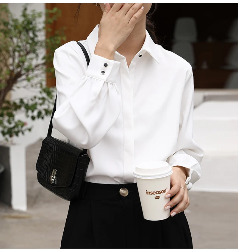 CJFHJE OL Style Formal Women Shirts White Turn-Down Collar Tops Elegant Workwear Female Blouse Single-Breasted Long Sleeve Shirt
