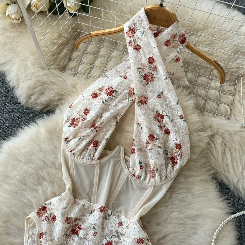 Magdalyn Women Halter Floral Print Rompers Fashion Korean Design Streetwear Party Combination Catsuits One Piece Mesh Bodysuits