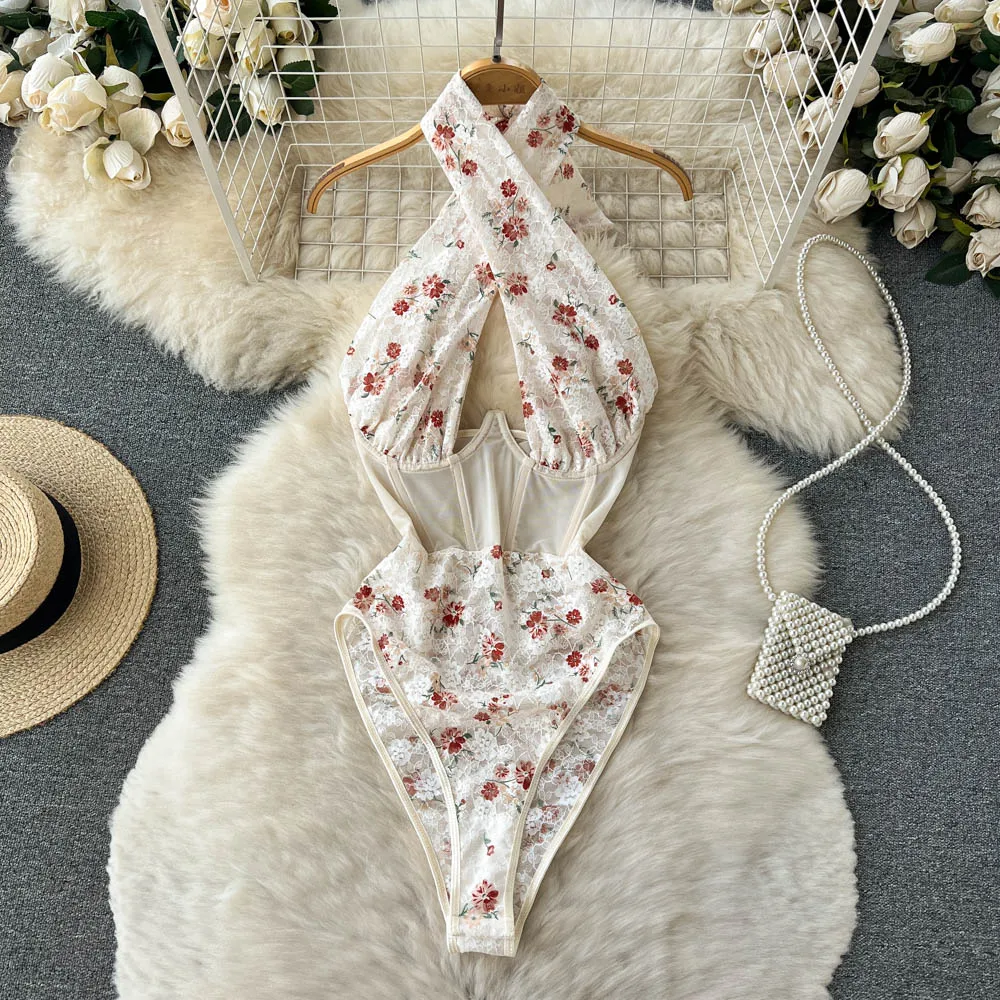 Magdalyn Women Halter Floral Print Rompers Fashion Korean Design Streetwear Party Combination Catsuits One Piece Mesh Bodysuits