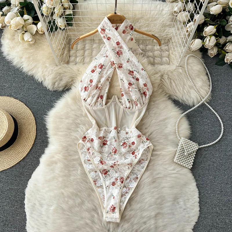 Magdalyn Women Halter Floral Print Rompers Fashion Korean Design Streetwear Party Combination Catsuits One Piece Mesh Bodysuits