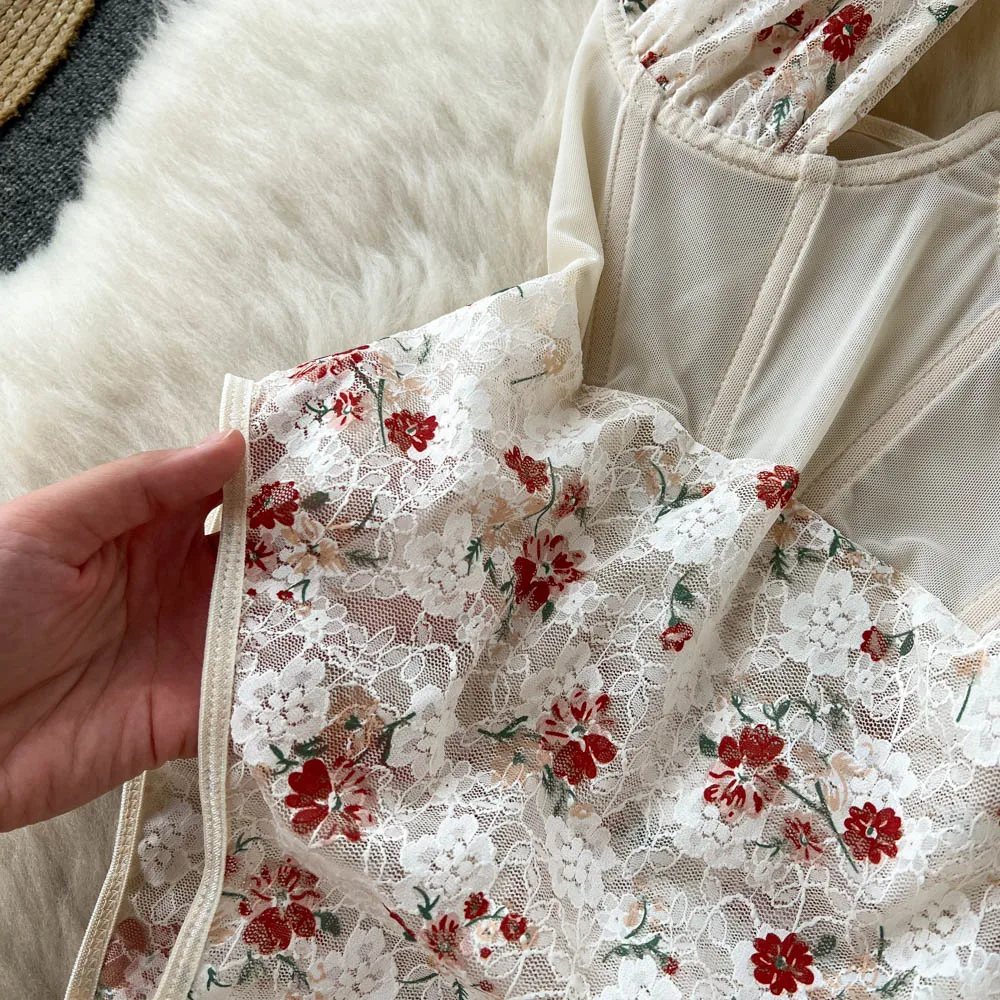 Magdalyn Women Halter Floral Print Rompers Fashion Korean Design Streetwear Party Combination Catsuits One Piece Mesh Bodysuits