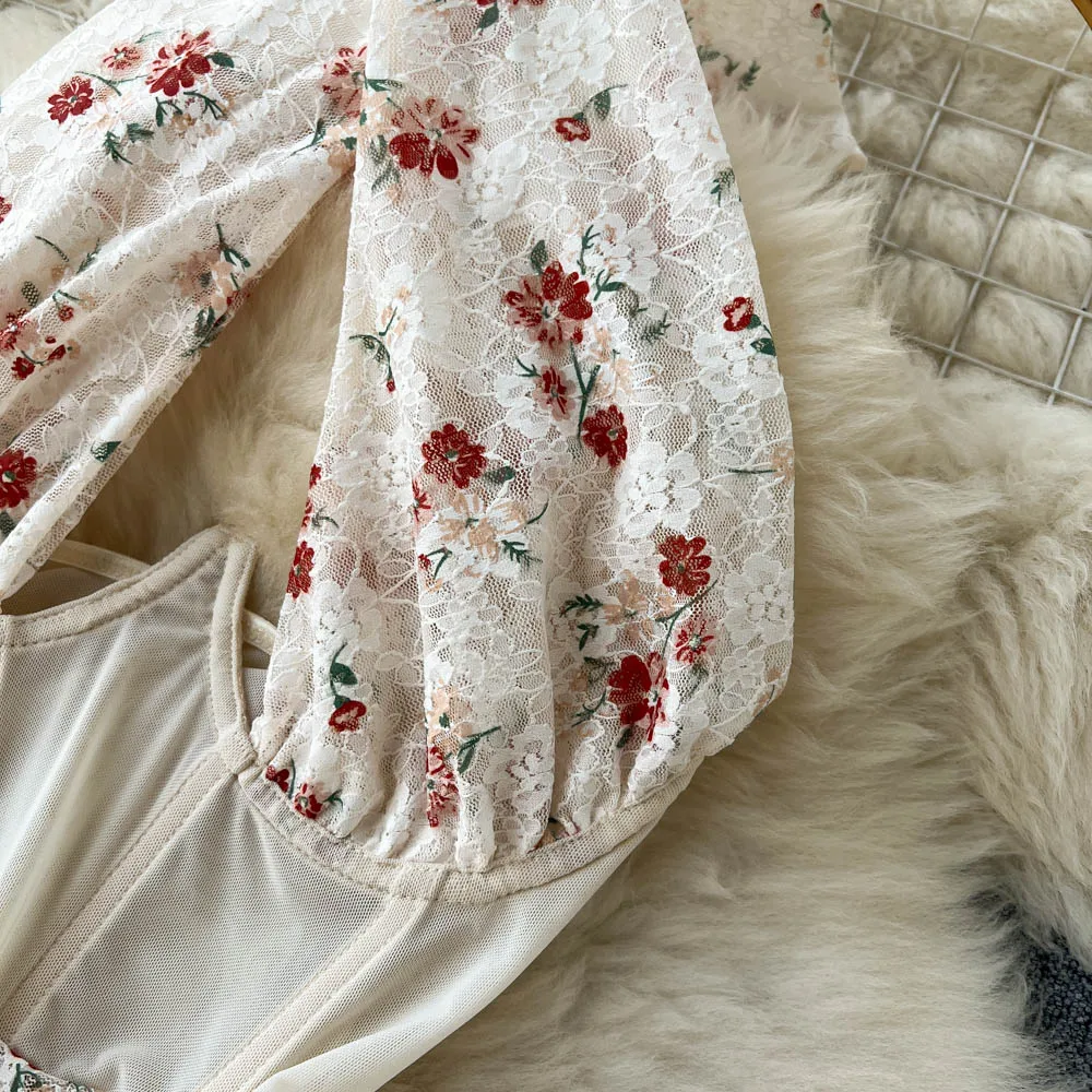 Magdalyn Women Halter Floral Print Rompers Fashion Korean Design Streetwear Party Combination Catsuits One Piece Mesh Bodysuits
