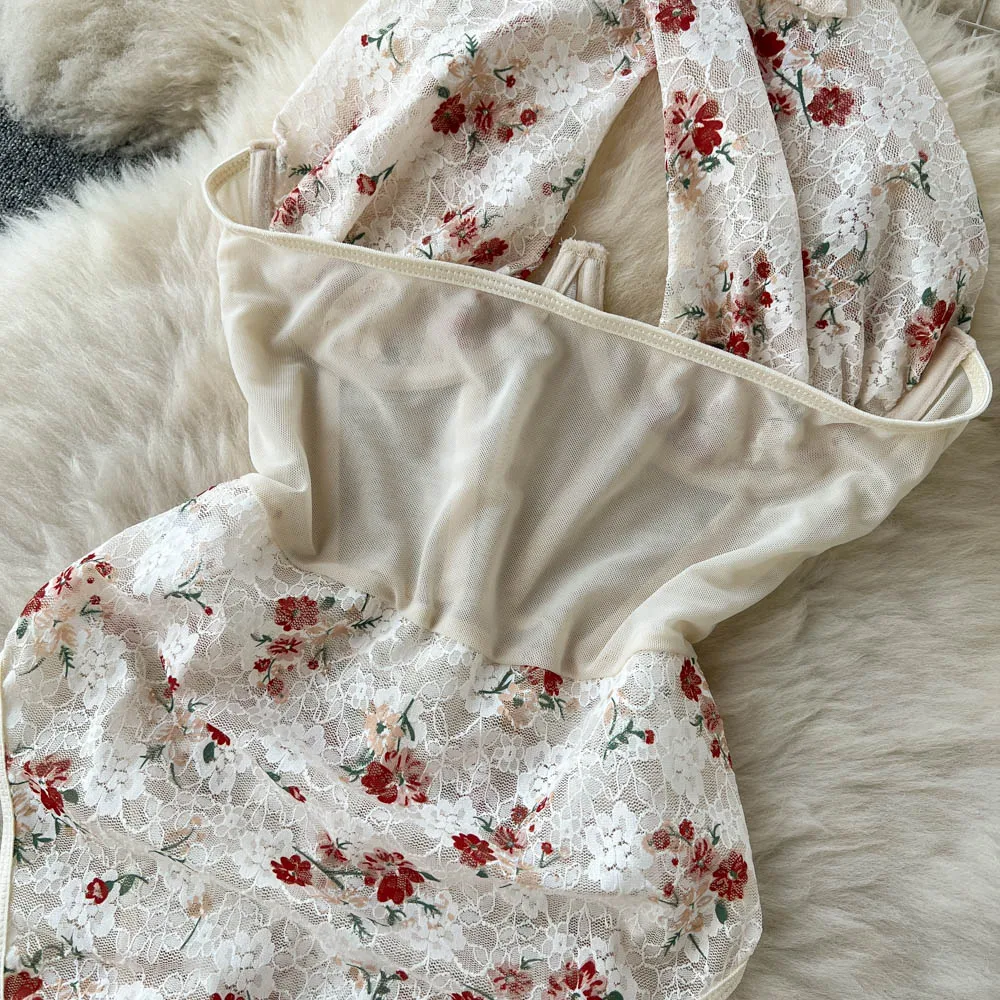 Magdalyn Women Halter Floral Print Rompers Fashion Korean Design Streetwear Party Combination Catsuits One Piece Mesh Bodysuits